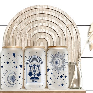 Libra Zodiac Frosted Glass: Bamboo Lid Coffee Cup