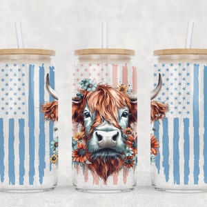 Patriotic Highland Cow Frosted Glass with Bamboo Lid - 16 oz