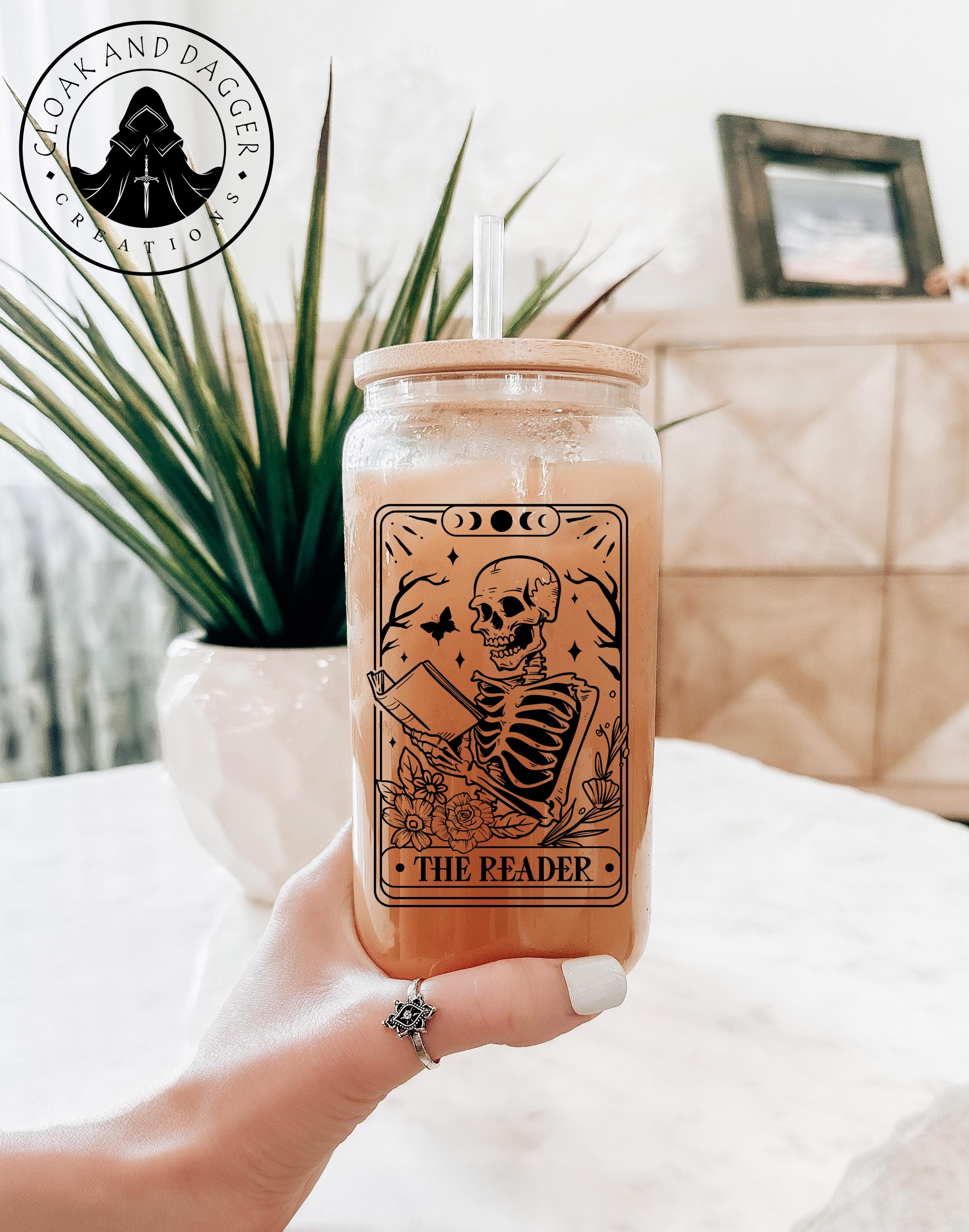 The Reader Tarot Card Clear Beer Glass With Bamboo Lid / Bookish Gift ...