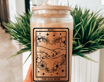Dog Mom Tarot Card Glass Cup with Bamboo Lid - 16 oz
