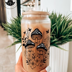 Cottage Core Mushroom Glass Cup with Bamboo Lid