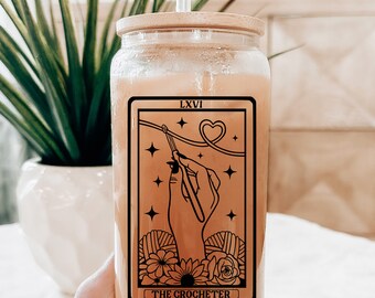 The Crocheter Tarot Card Clear Beer Glass with Bamboo Lid / Coffee Cup / Crocheter Gift