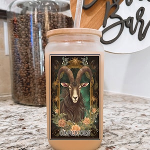 Verre à bière dépoli carte de tarot Capricorne avec couvercle en bambou / Verre à bière Zodiac / Tasse à café Capricorne / Carte de tarot cadeau