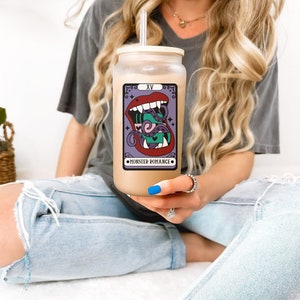 The Monster Romance Tarot Card Frosted Beer Glass with Bamboo Lid / Smut Coffee Cup / Bookish Gift / Gift for Smut Lover