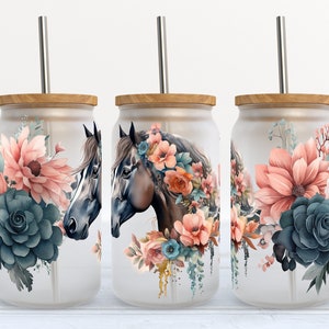 Floral Horse Frosted Beer Glass with Bamboo Lid / Horse Coffee Cup / Gift for Horse Lovers