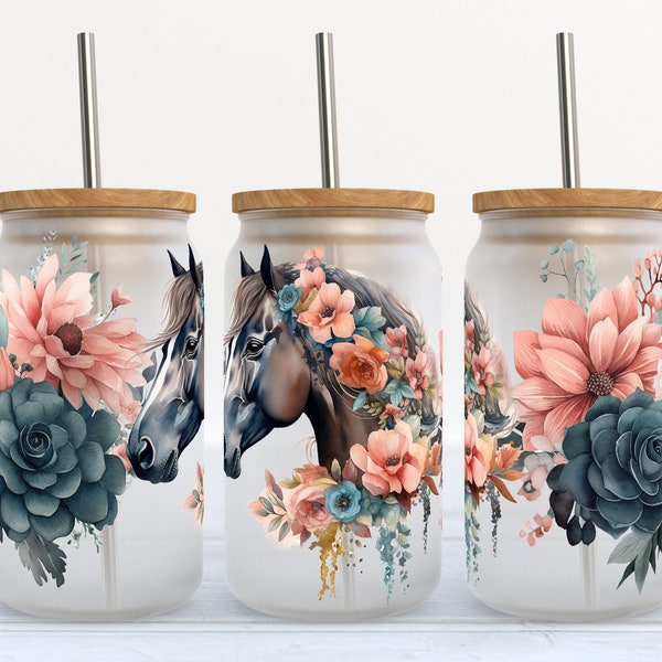 Floral Horse Frosted Beer Glass with Bamboo Lid / Horse Coffee Cup / Gift for Horse Lovers