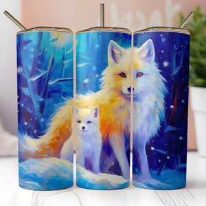 May include: Three stainless steel tumblers with a winter scene featuring a white fox and a smaller fox in a snowy forest. The tumblers are blue, white, and yellow.