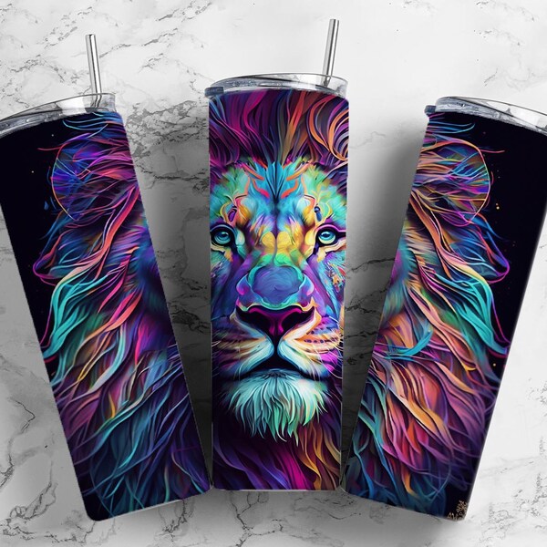 Neon Lion Insulated Tumbler / Lion Tumbler / Lion Gift / Gift for Lion Lover / Metal Straw / 20 oz 22 oz and 30 oz options