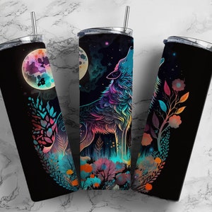 Neon Wolf Insulated Tumbler / Wolf Tumbler / Wolf Gift / Wolf Cup / Gift for Wolf Lover / 20 oz 22 oz and 30 oz options