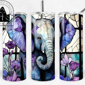 May include: A stainless steel tumbler with a colorful stained glass design featuring an elephant and flowers. The design is in shades of blue, purple, and green.