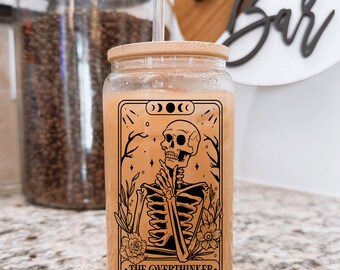 The Overthinker Tarot Card Clear Beer Glass with Bamboo Lid / Gift for Overthinker / Coffee Cup