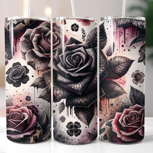 May include: Three stainless steel tumblers with a white background and a black and red floral design. The design features roses, leaves, and a snake.