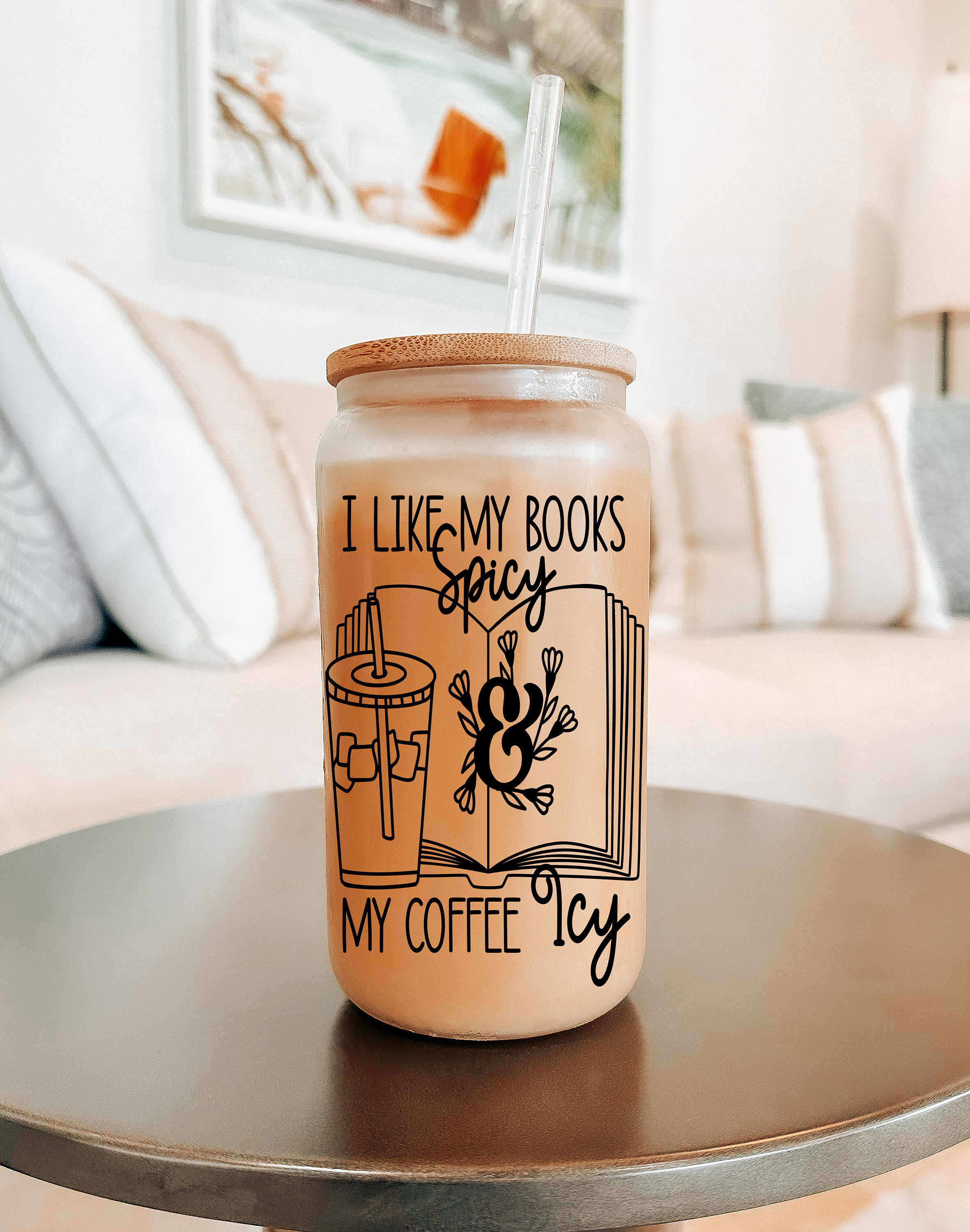 Book Lover 16oz. Frosted Glass Tumbler with Bamboo Lid & Straw | Mason  Glass Jar Iced Coffee Cup | Unique Literary Book Lover Gift