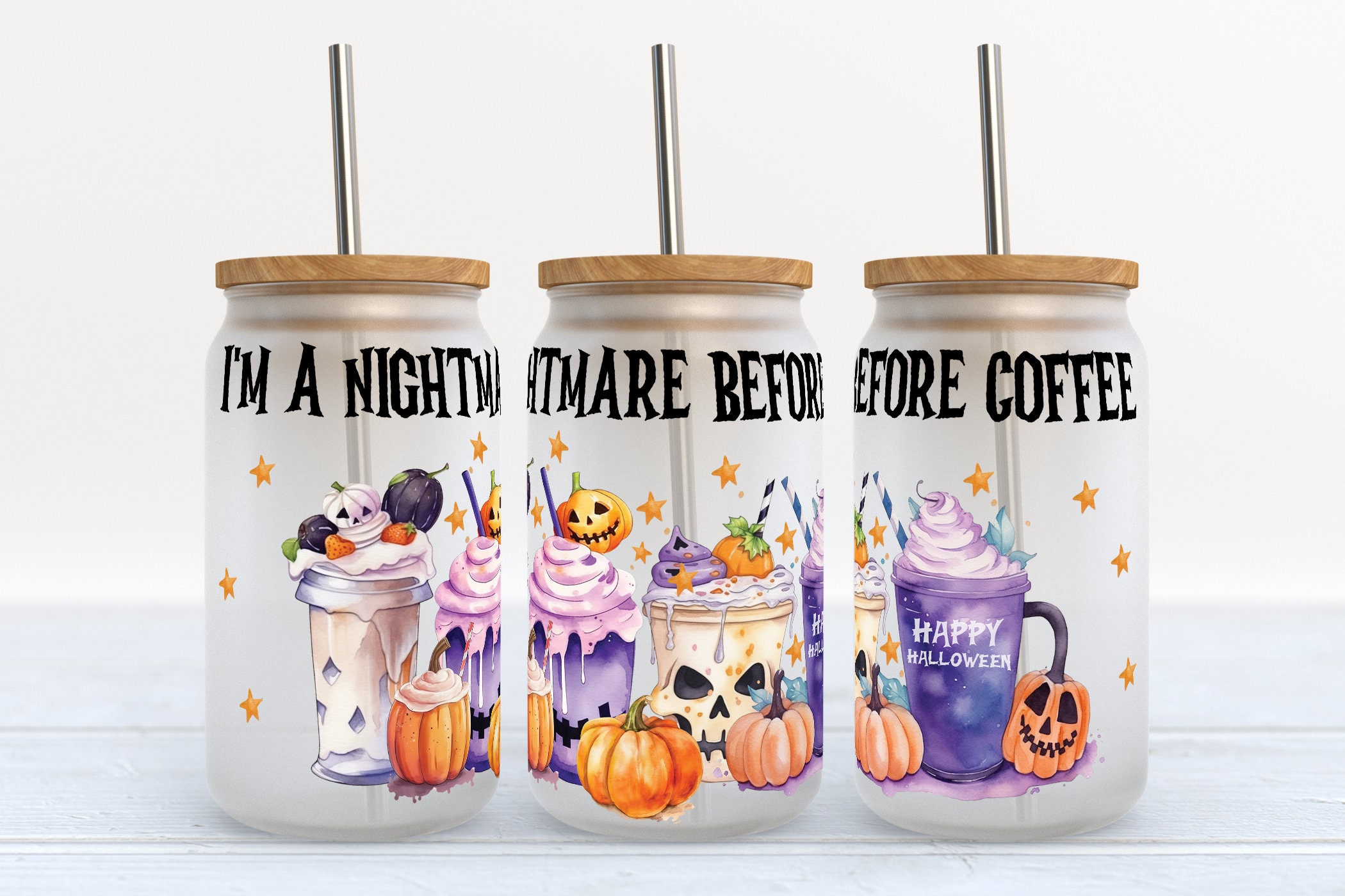 Im a Nightmare Before Coffee NBC Cold Glass Cup / Ice Coffee Cup
