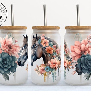 Floral Horse Frosted Glass Cup: Bamboo Lid Iced Coffee Tumbler