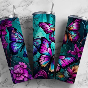 Butterfly Insulated Tumbler / Butterfly Tumbler / Butterfly Cup / Butterfly Metal Cup / Metal Straw / 20 oz 22 oz and 30 oz options