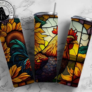 Stained Glass Chicken Tumbler: Insulated Stainless Steel Cup with Metal Straw