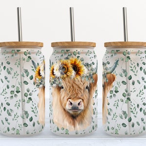 Highland Cow and Floral Frosted Beer Glass with Bamboo Lid / Highland Cow Gift / Highland Cow Coffee Cup / Highland Cow Cup