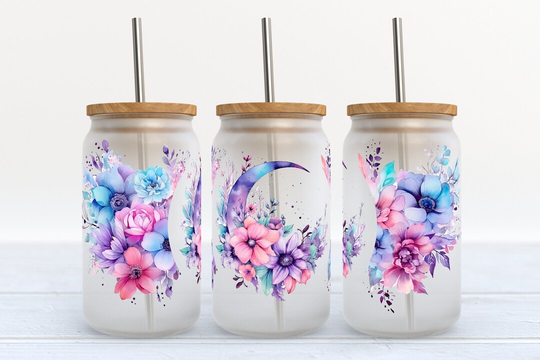 Floral Moon Frosted Glass Cup With Bamboo Lid - 16 Oz - Etsy
