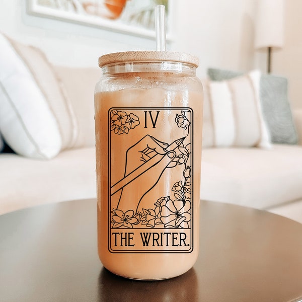 The Writer Tarot Card Clear Beer Glass with Bamboo Lid / Gift for Writer / Writer Gift / Writer Coffee Cup