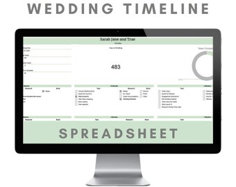 Pode incluir: Um ecrã de computador a mostrar uma folha de cálculo de cronograma de casamento com fundo verde. A folha de cálculo tem o título "Wedding Timeline" e inclui uma secção para tarefas, pesquisa e reservas. A folha de cálculo também inclui uma barra de progresso e um gráfico circular.