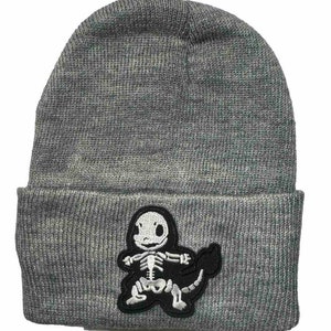 May include: A gray beanie with a folded brim. The beanie features a black and white patch of a cartoon skeleton dinosaur. The patch is sewn onto the front of the beanie.