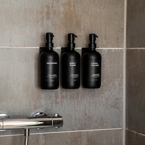 Ensemble distributeur de douche avec supports muraux autocollants et bouteilles I distributeur de savon en verre gris/argent image 3