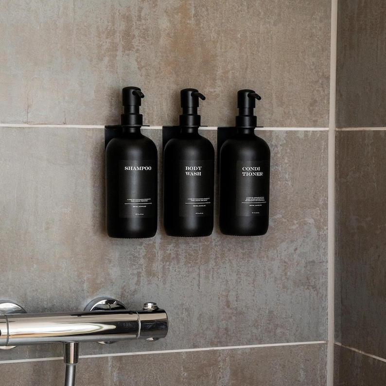 Ensemble distributeur de douche avec supports muraux autocollants et bouteilles I distributeur de savon en verre gris/argent image 3