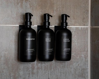 Set dispenser doccia con staffe da parete per avvitare e bottiglie (all black edition) I dispenser sapone in vetro nero opaco