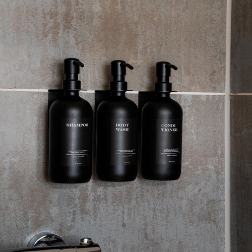 Ensemble distributeur de douche comprenant des supports muraux à visser et des bouteilles (toutes les éditions noires) I distributeur de savon en verre noir mat