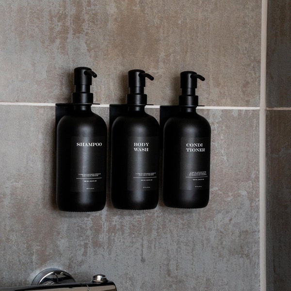 Shower dispenser set including wall brackets for screwing and bottles (all black edition) I soap dispenser made of glass in matt black