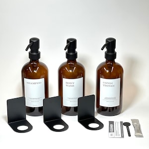 Shower dispenser set including self-adhesive wall brackets and bottles I soap dispenser made of apothecary glass