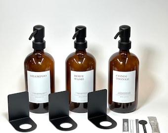 Shower dispenser set including self-adhesive wall brackets and bottles I soap dispenser made of apothecary glass