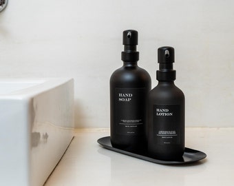 Seifenspender Geschenkset Schwarz - 2 hochwertige Glasspender incl. Tablett I Hand Soap - Hand Lotion - Shampoo - Body Wash