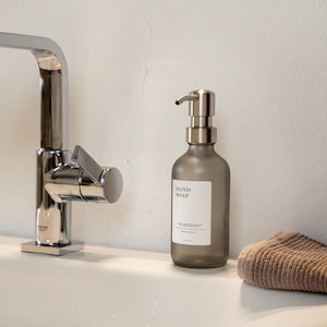 Glass soap dispenser in matt grey - dispenser bottle with waterproof label - apothecary bottle