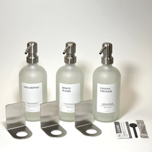 Duschspenderset inkl. selbstklebender Wandhalterungen und Flaschen I Seifenspender aus Glas in Grau / Silber Bild 1