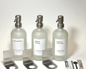 Shower dispenser set including self-adhesive wall brackets and bottles I soap dispenser made of glass in gray / silver