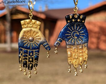Brincos de mão com sol e lua: Joias boho bruxas