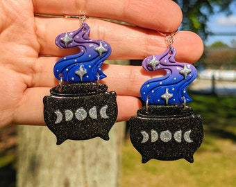 Caldeirões mágicos | Brincos de caldeirão | Brincos de Halloween | Brincos de lua | Brincos encantadores | Joias de bruxa | Presentes de bruxa