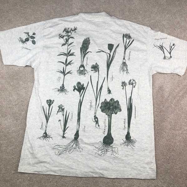 Vintage 1994 Plant Print Light Gray T-Shirt / 90s / Plants / Weeds / Art / Single Stitch / Made In USA / All Over Print / AOP /