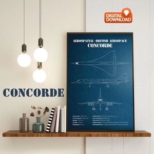 May include: A framed blueprint-style poster of the Concorde supersonic jet, featuring technical drawings and specifications. The poster is dark blue with white text and illustrations. The text "CONCORDE" is also stenciled on the wall.