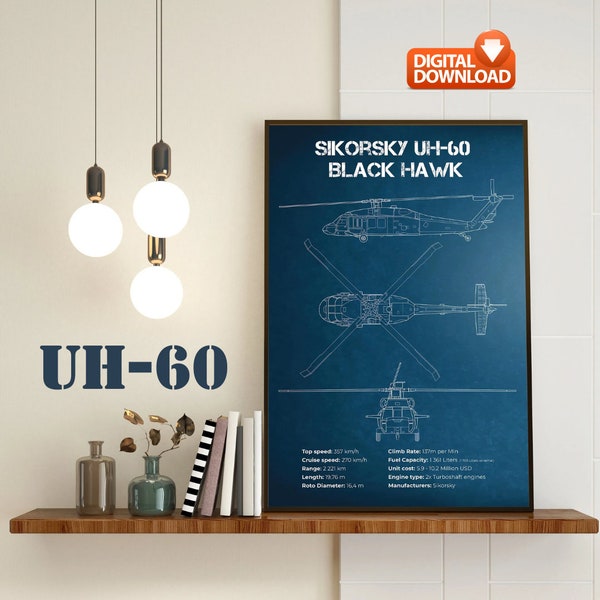 UH-60A Black Hawk Helicopter Print | Sikorsky UH-60A Helicopter Blueprint | Helicopter Décor | Blueprint with specifications