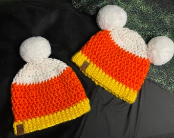 Handmade Crochet Candy Corn Beanie with Removable Pompoms