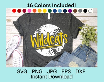 Wildcats Baseball SVG | Wildcats Baseball PNG | 16 Team Colors | Weathered Grunge | shirt art | Cricut | Digital svg png dxf eps jpg