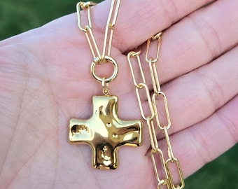 Molten Gold Cross Necklace Paperclip Chain Sculptural Christian Faith Statement Jewelry