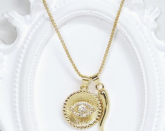 Gold Evil Eye and Italian Horn Charm Necklace Protection Talisman Jewelry Classic Good Luck Cornicello Amulet Spiritual Gift Ideas