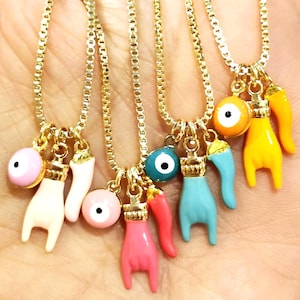 Evil Eye Italian Horn Multi Charm Necklace Good Luck Protection Amulet Jewelry