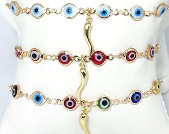 Colorful Evil Eye Bracelet Gold Italian Horn Good Luck Amulet Protection Jewelry