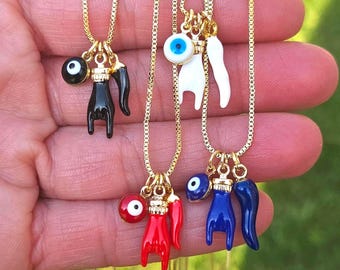 Enamel Evil Eye Italian Horn Mano Cornuto Charm Necklace Good Luck Spiritual Protection Jewelry