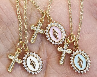 Gold Plated Virgin Mary & CZ Cross Charm Necklace Dainty Catholic Baptism Gift For Baby Custom Religious Jewelry for Children